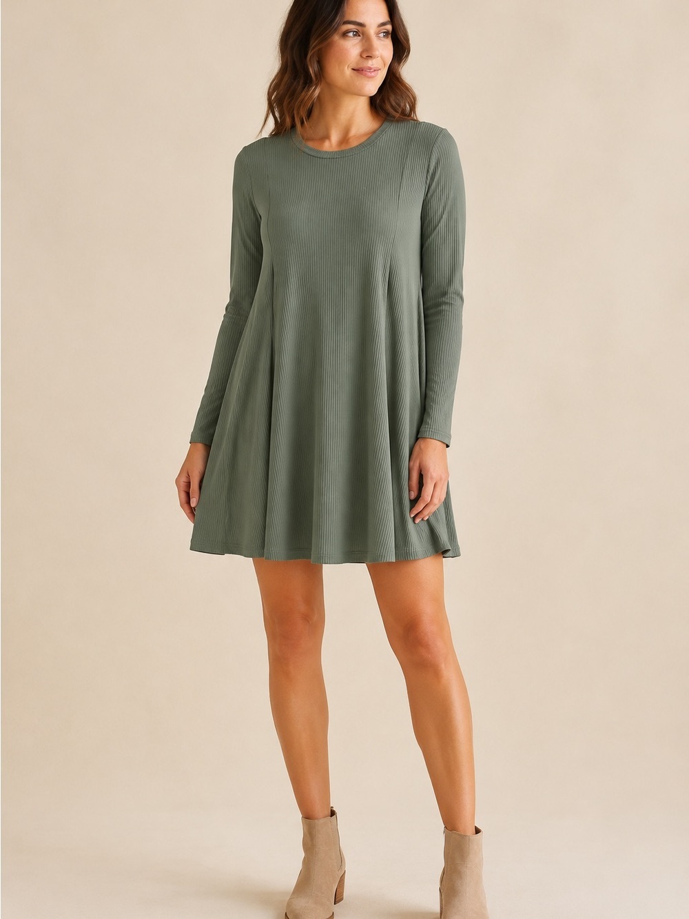 Good Luck Gem Olive Green Ribbed Long Sleeve Swing Mini Dress XS - Picture 1 of 9